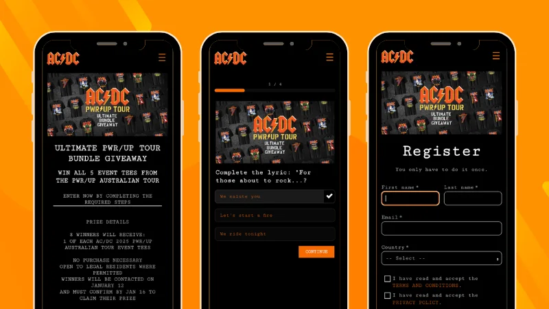 AC/DC promotion combining a three-question knowledge quiz with a judged creative response.