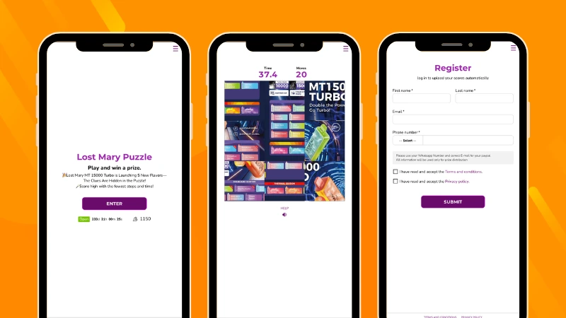 Welcome page, Puzzle challenge, and post-participation registration from the Lost Mary product launch campaign, where participants competed for the best score while discovering new product flavors.
