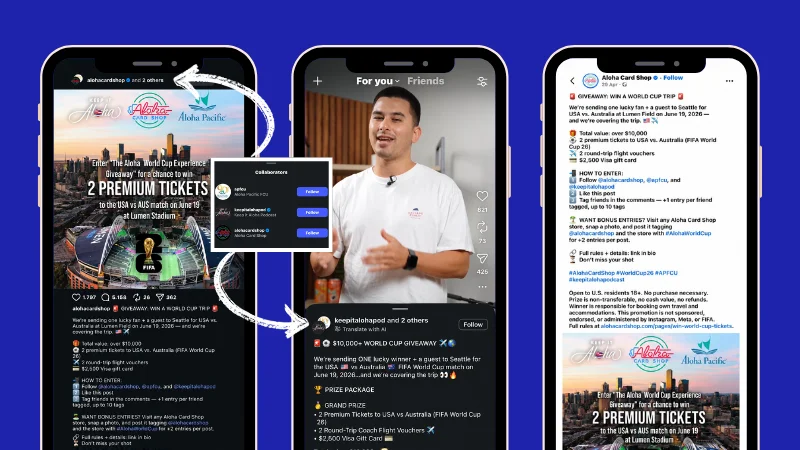 Example of a collaborative giveaway run on both Facebook and Instagram by Aloha Card Shop, APFCU and influencer Kamaka Dias, the creator and host of Keep It Aloha