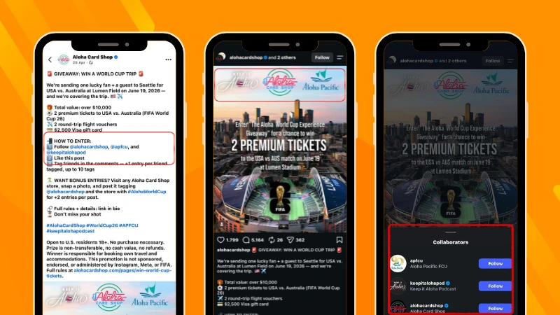 Facebook and Instagram giveaway posts from the Aloha Card Shop World Cup campaign, showing participating collaborators and multiple social profiles promoting the same giveaway.
