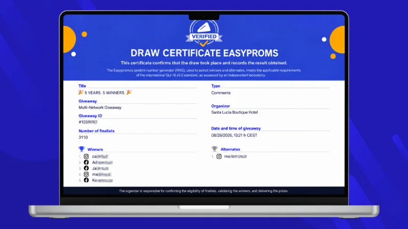 Public Easypromos Certificate of Validity for a Multi-Network Giveaway combining Facebook and Instagram entries