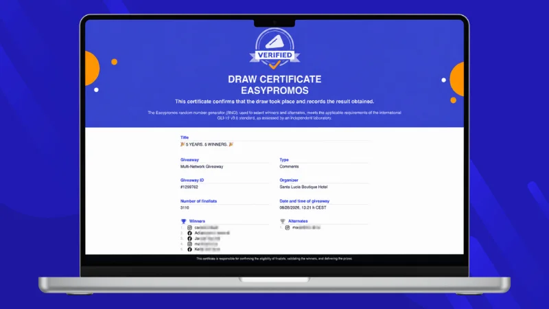 Public Easypromos Certificate of Validity for a Multi-Network Giveaway combining Facebook and Instagram entries