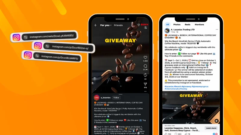 Example of Lazanias combined giveaway run on both Instagram and Facebook and that included 2 additional promoted Reels