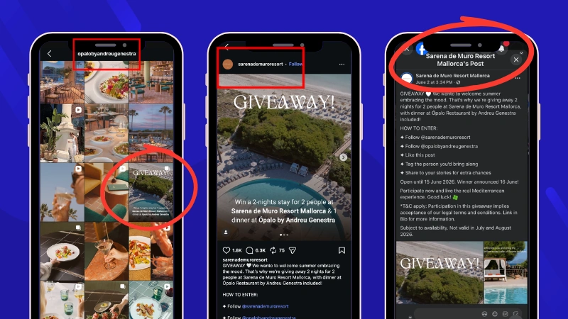 Sarena de Muro Resort Mallorca and Ópalo Restaurant collaborative giveaway across two Instagram accounts and one Facebook Page using Multi-Network Giveaway