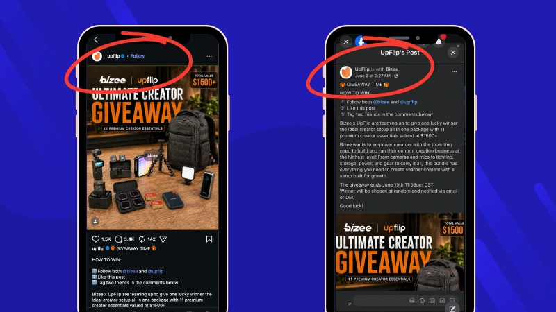 Instagram and Facebook giveaway posts from the UpFlip and Bizee collaboration, where participants entered through social interactions published by partner brands.