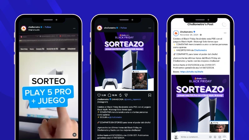 Example of Chollometro Black Friday Multi-Network Giveaway via Instagram reels, Instagram post and Facebook post