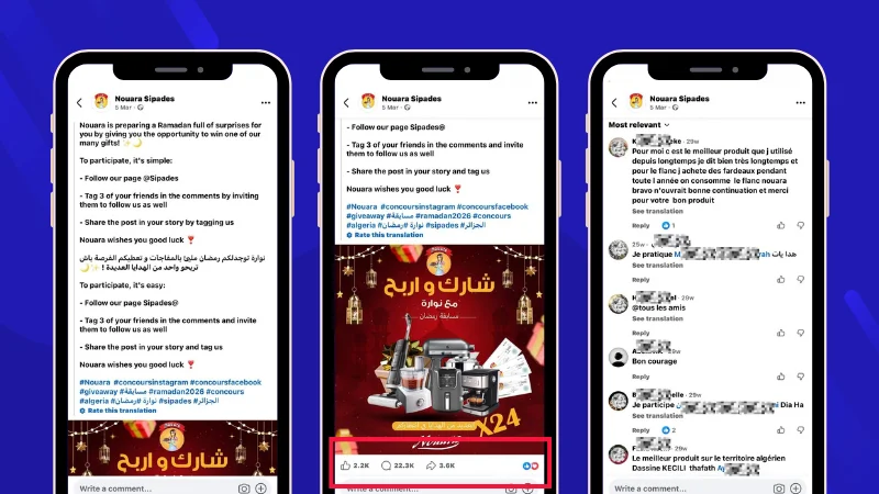 Example of Nouara, an Algerian food brand produced by SIPADES, Facebook Giveaway that generated over 22.4K comments