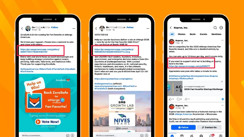 Facebook posts from three eMerge Americas Fan Favorite participants promoting their entries and asking their communities to vote.