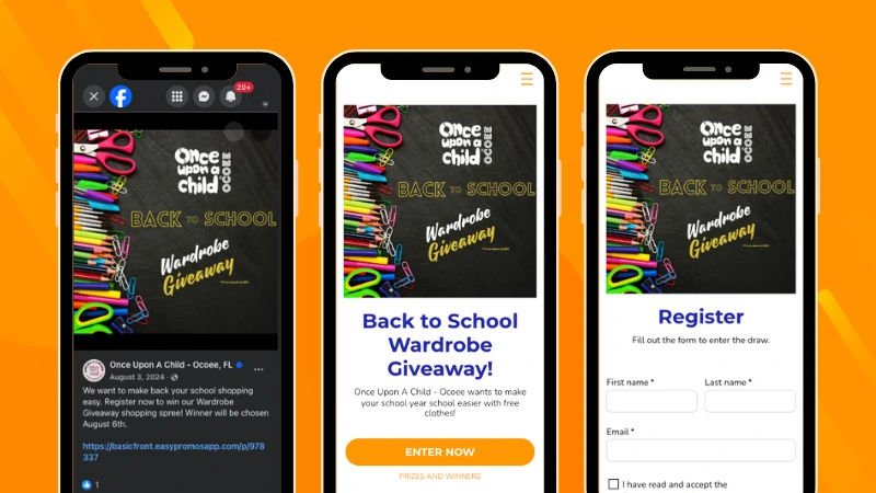 Once Upon A Child Back-to-School Wardrobe Giveaway promoted on Facebook and linked to a registration form for prize draw participation.