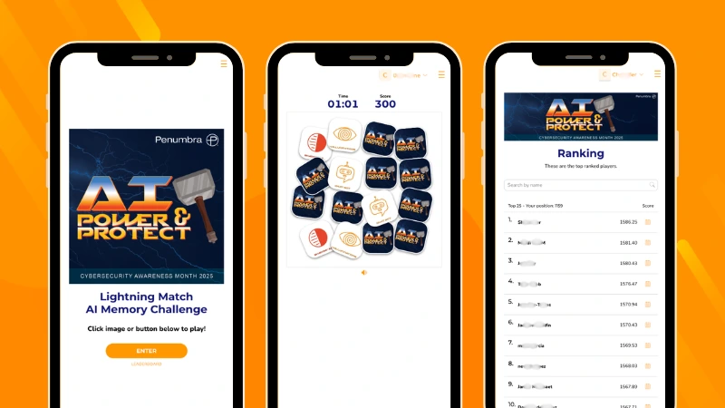 Penumbra Lightning Match AI Memory Challenge showing the welcome screen, cybersecurity-themed card-matching game, and public leaderboard with employee rankings.
