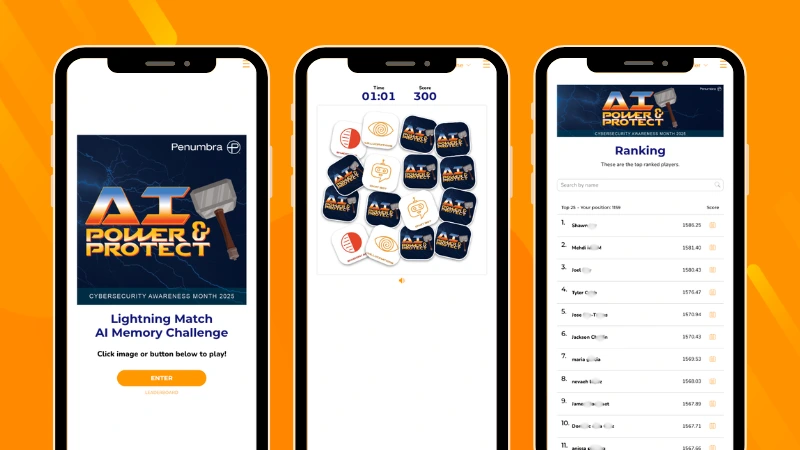 Prenumbra Lightning MatchAI Memory Challenge showing the welcome screen, cybersecurity-themed card-matching game, and public leaderboard with employee rankings.