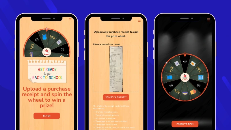 Back-to-school Spin the Wheel promotion showing the welcome page, purchase receipt validation, and prize wheel