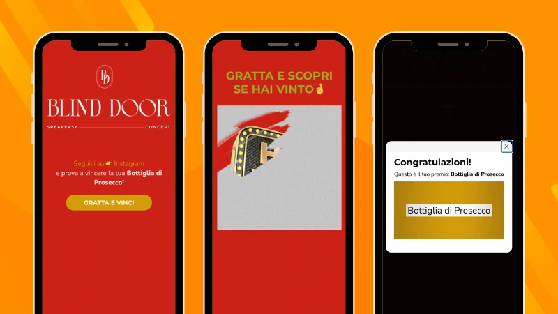 Blind Door Cocktail Bar Scratch & Win promotion showing the welcome page, digital scratch card game, and instant prize winner announcement