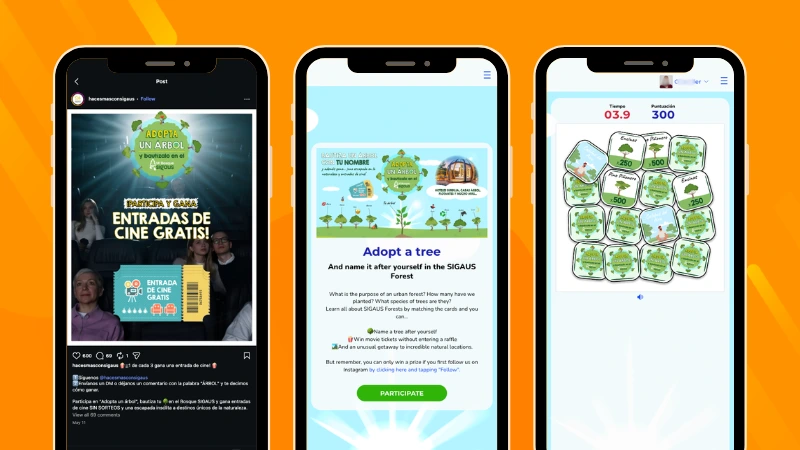 SIGAUS Memory game campaign showing the welcome screen, environmental-themed card-matching challenge, and Instagram post used to promote participation and prizes.
