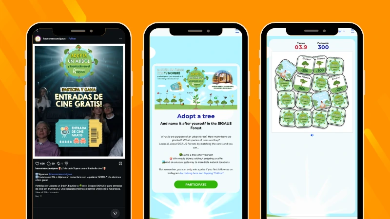 SIGAUS Memory game campaign showing the welcome screen, environmental-themed card-matching challenge, and Instagram post used to promote participation and prizes.