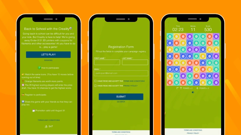 Leading consumer 3D printer manufacturer Creality Back-to-School Slide & Match game promoting 3D printers and accessories through a score-based challenge with prizes and coupons.