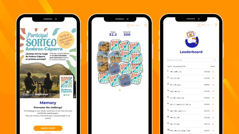 Turismo Ambroz Memory game promoting tourism destinations, showing the welcome screen, destination-themed card-matching challenge, and prize draw participation flow.