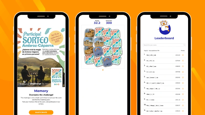 Turismo Ambroz Memory game promoting tourism destinations, showing the welcome screen, destination-themed card-matching challenge, and prize draw participation flow.
