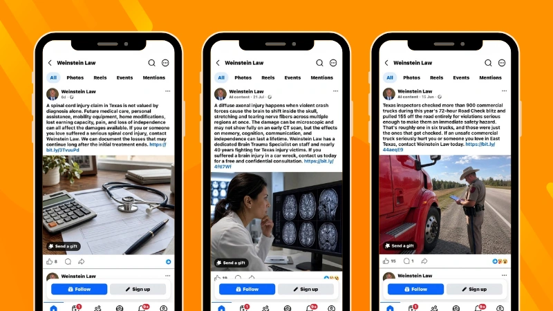 Weinstein Law Facebook posts sharing information about spinal cord injuries, brain injuries, and commercial truck safety