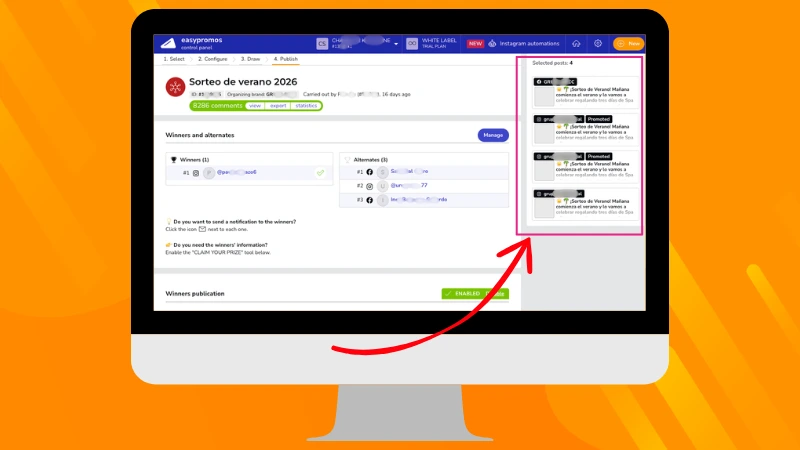 Easypromos dashboard showing a multi-network giveaway with Facebook, Instagram, and promoted Instagram posts managed from one campaign.