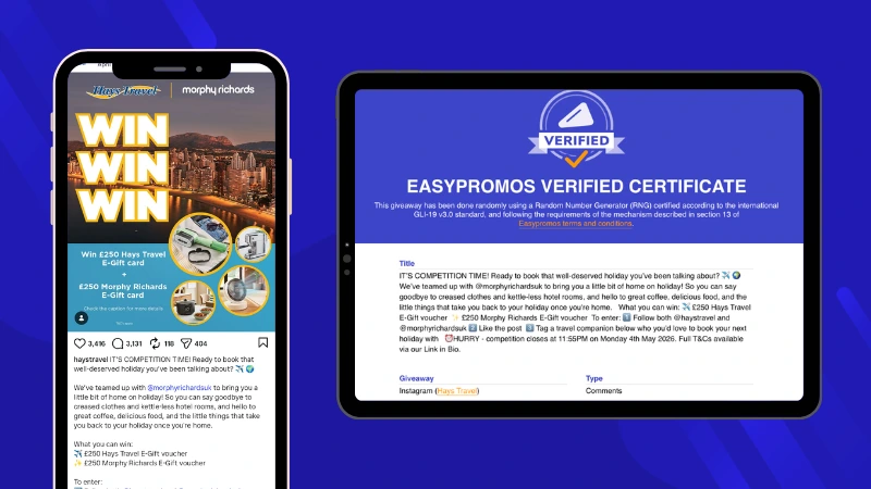 Instagram Giveaway post from Hays Travel showing a comment-and-follow participation mechanic alongside the Easypromos Verified Certificate used to guarantee a fair, transparent, and compliant winner selection process