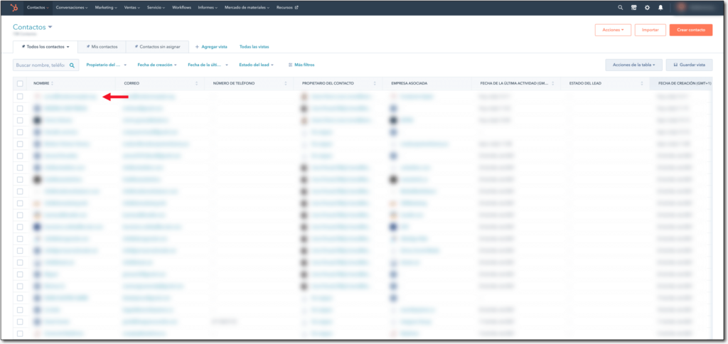 lista contactos hubspot