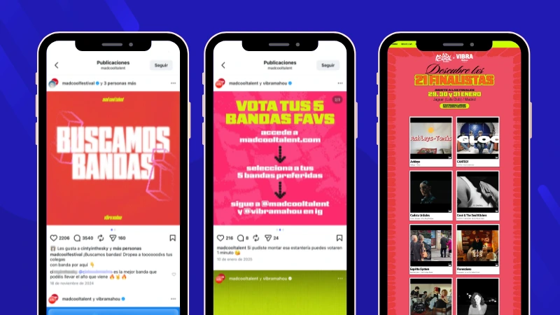 Social media promotion posts and public video voting gallery from the Vibra Mahou and Mad Cool Festival band contest campaign.