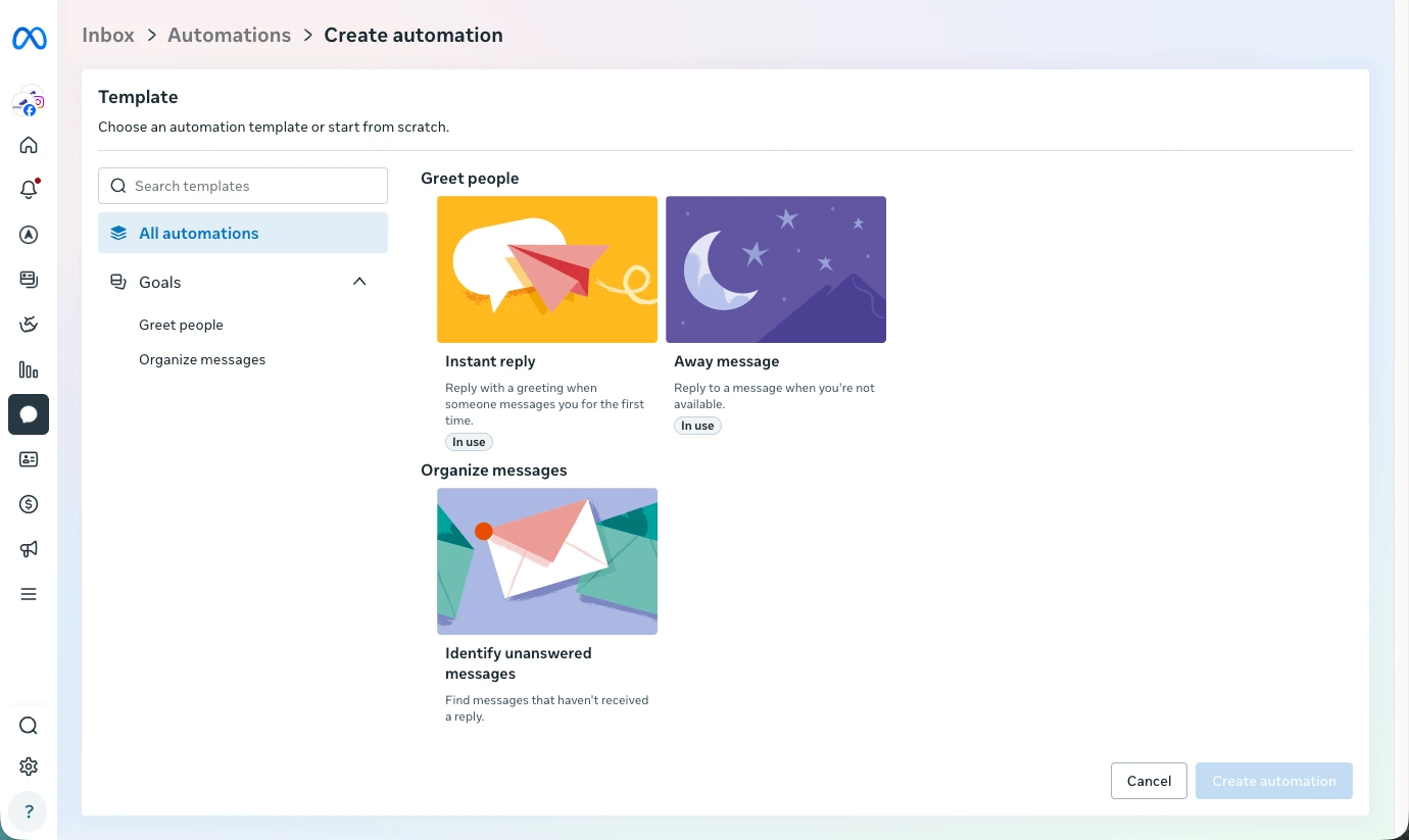 Automations available with Meta Business Suite