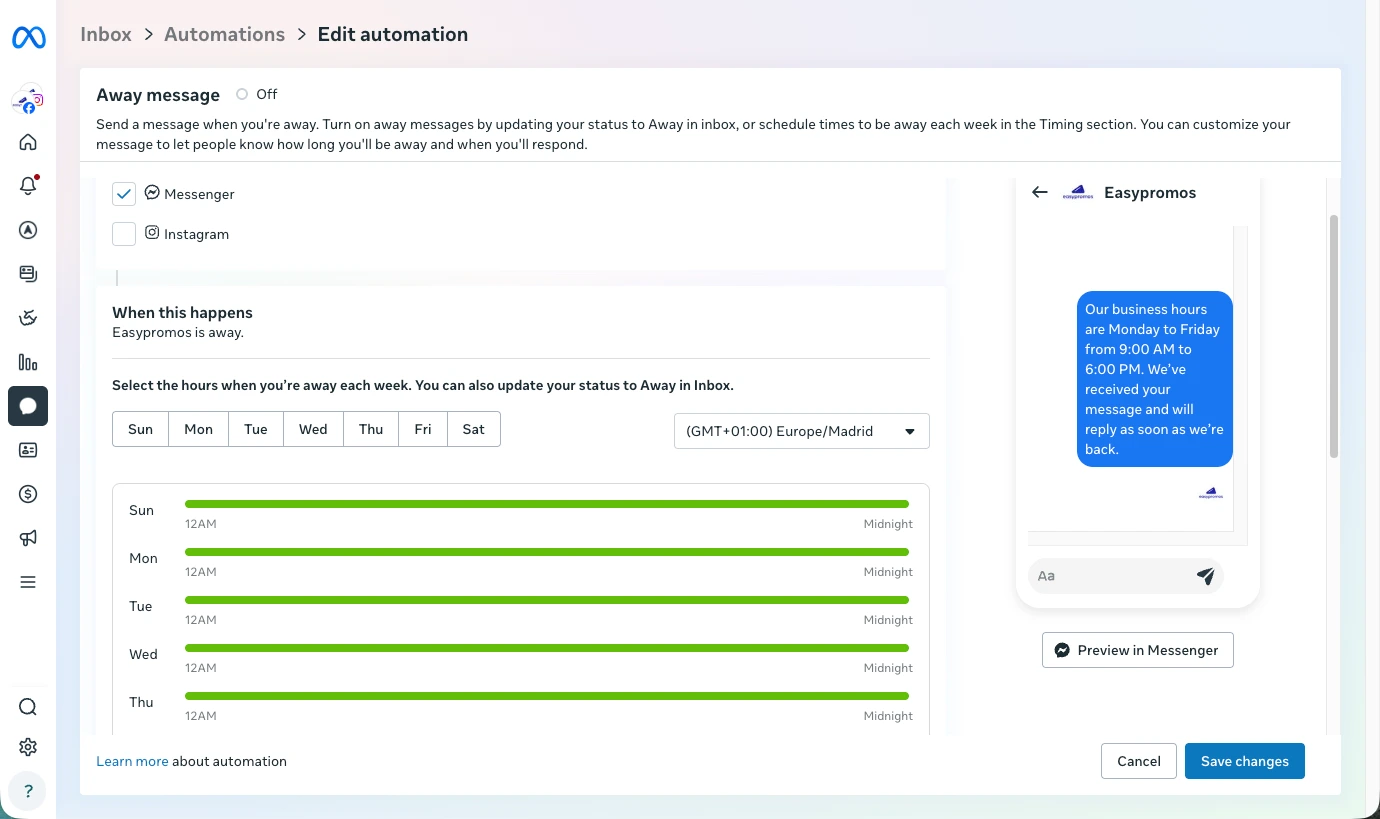 Configurable away message in Meta Business Suite