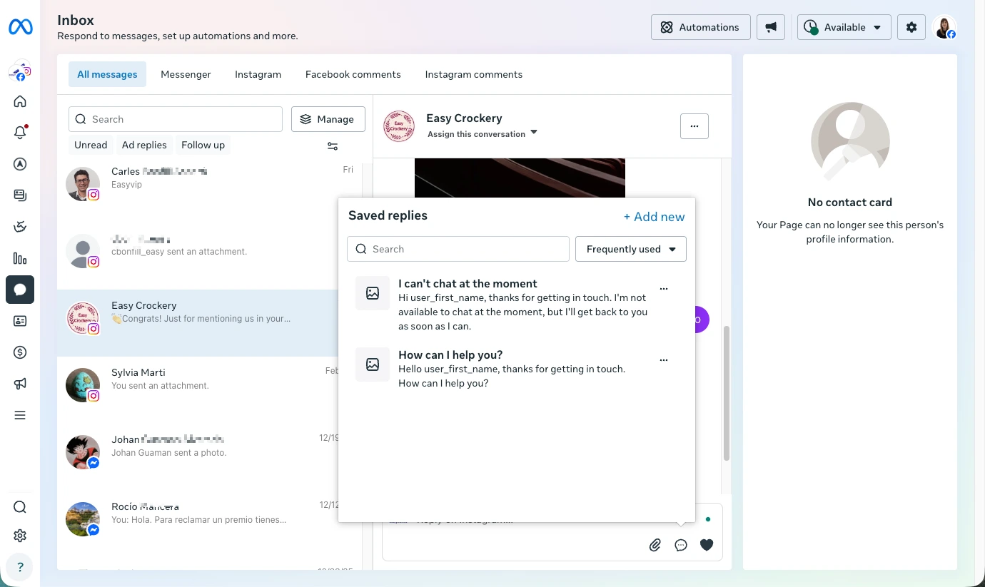 Saved quick replies inserted with a command in Instagram DMs