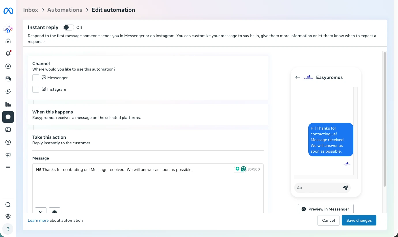 Instant reply when someone starts a conversation to automate Instagram DMs