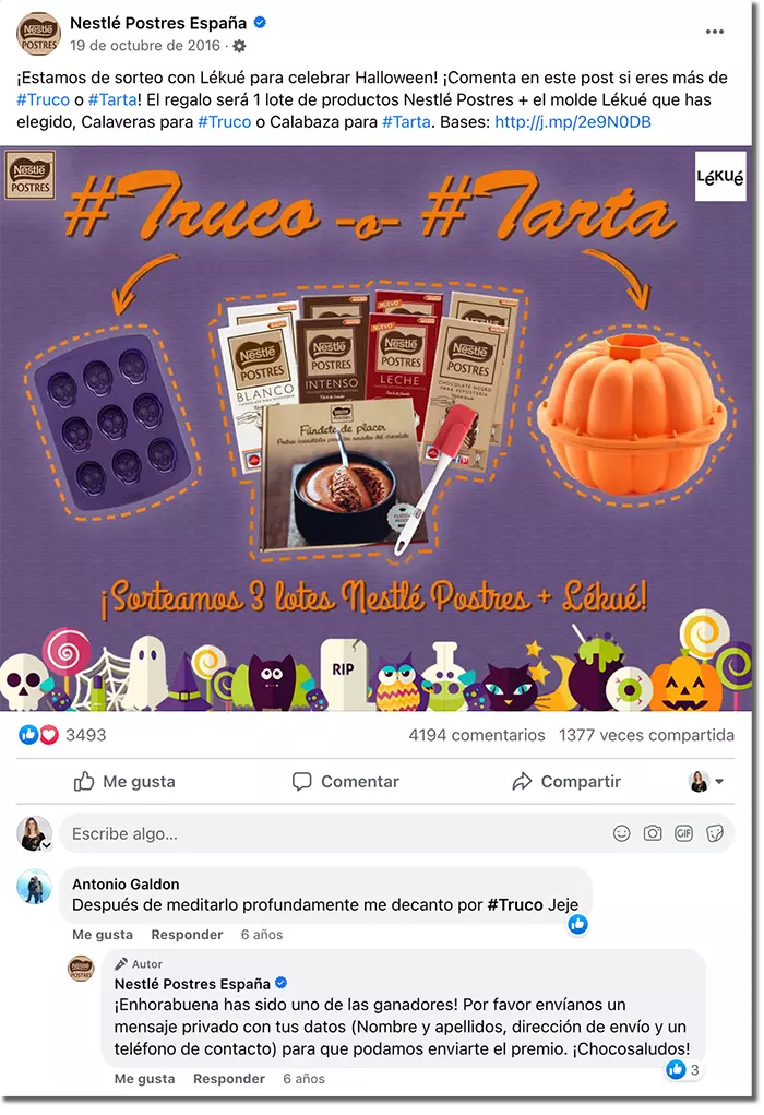 Ejemplo de sorteo de Halloween en Facebook