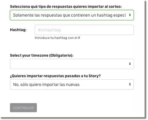 La aplicación para hacer sorteos en Instagram Stories de Easypromos te permite filtrar por hashtag en la opción ‘Respuestas a una story’.