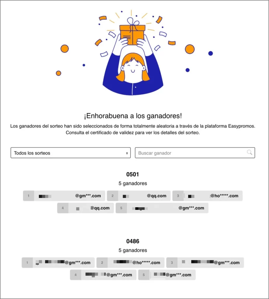 pagina de ganadores en sorteos con múltiples premiados por grupos o categorias