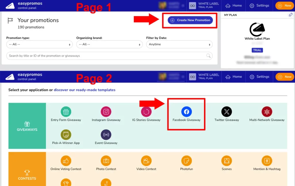 Facebook Sweepstakes Control panel