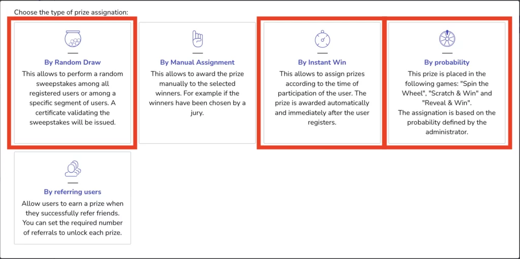 Easypromos panel options for prize assignation