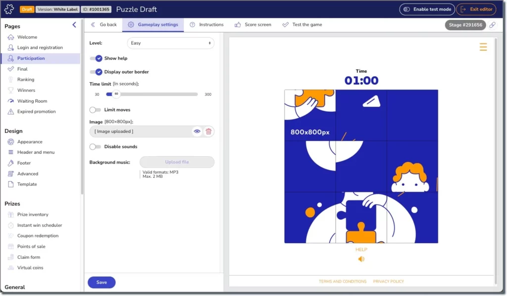 Puzzle draft design with Easypromos tool