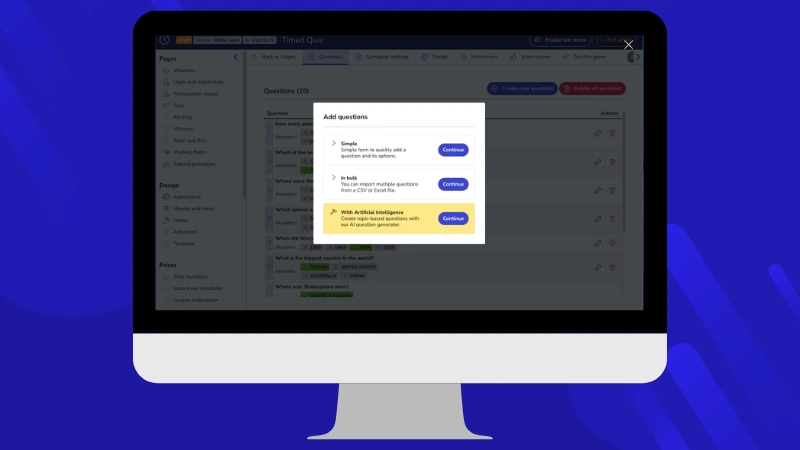 Easypromos Quiz with Timer user interface add questions screen