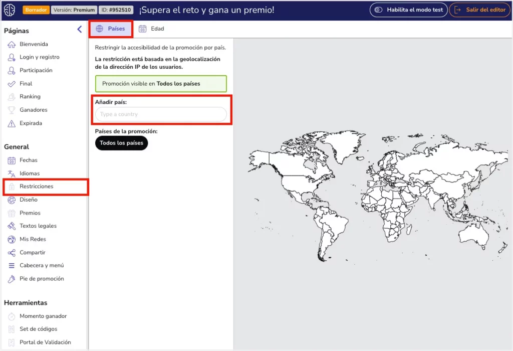 Apartado restricción por país del editor de promociones de Easypromos