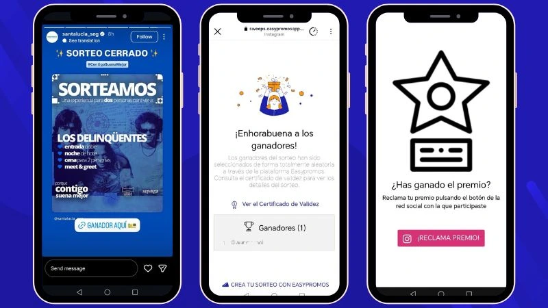 Página pública de ganadores y certificado de validez de un sorteo en Instagram.