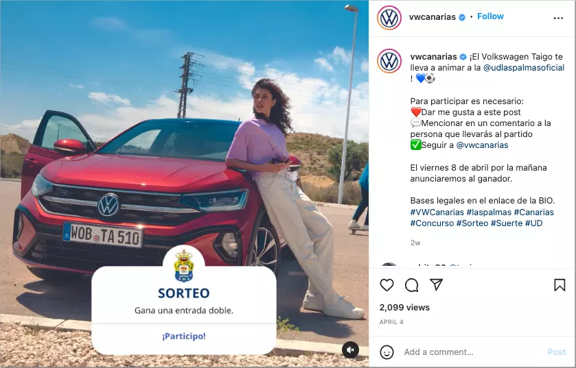 Example of Volkswagen Canarias Instagram Giveaway of tickets for the local soccer match.