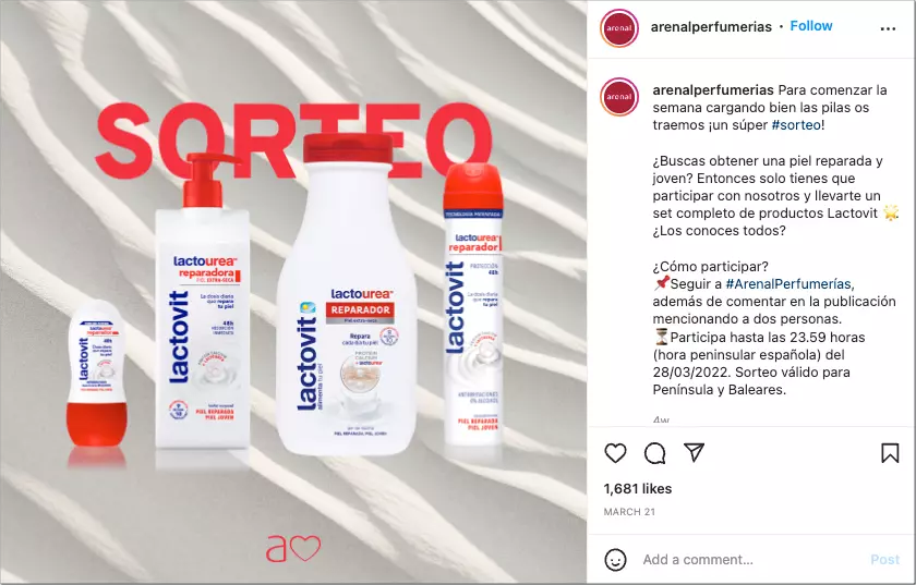 Example of Arenal Perfumerías Instagram Giveaway that ran every start of the week