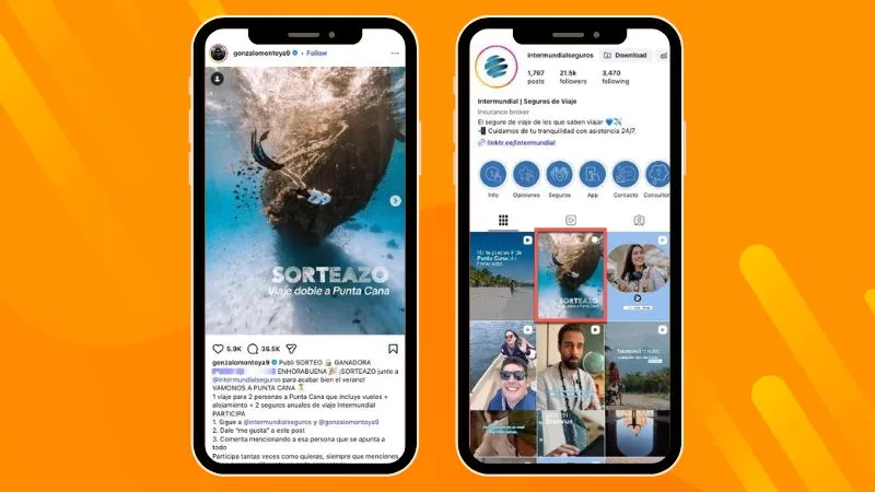 Ejemplo de sorteo con Instagram Collabs publicado por Gonzalo Montoya e InterMundial.