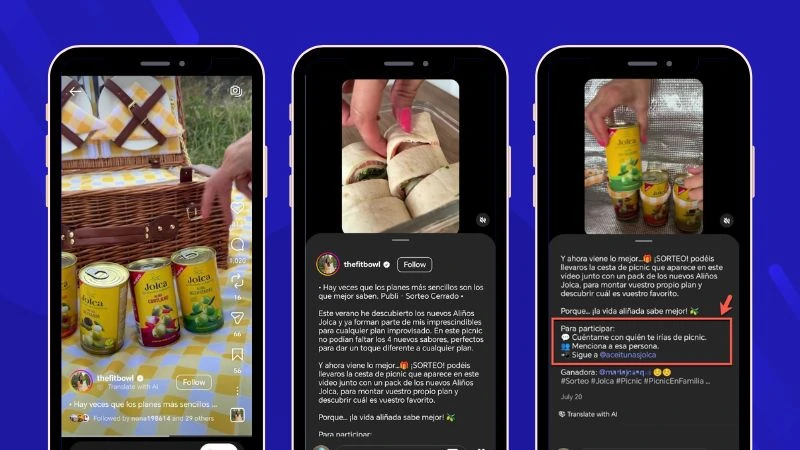 Influencer promoting an olive brand through an Instagram giveaway