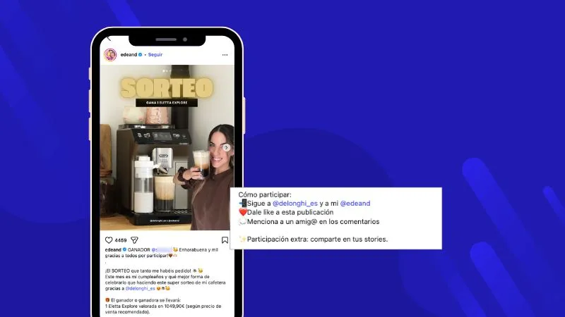 Sorteo de una cafetera De’Longhi publicado por la creadora Edeand en Instagram.