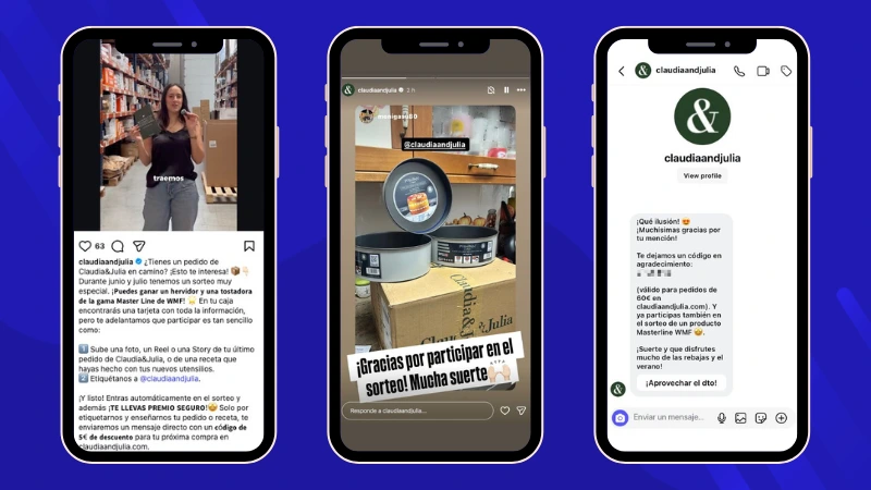 Claudia&Julia Instagram giveaway rewarding Story mentions with a €5 discount coupon, alongside the automated DM using Instagram Messaging Automations by Easypromos.