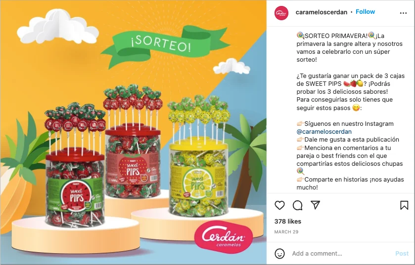 Example of Caramelos Cerdán Instagram Giveaway for the spring season