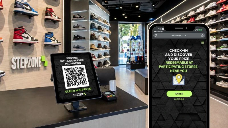 Digital Stamp Card campaign at a StepZone store, where customers scan a QR code and complete location verification to check in, collect a digital stamp, and unlock rewards.