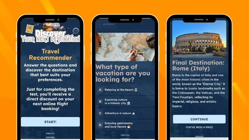Example of a quiz to recommend a destination