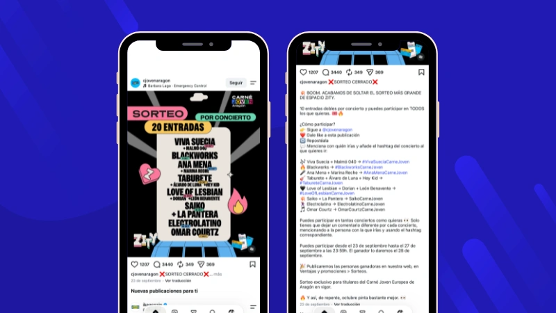 Ejemplo de sorteos de entradas para diferentes conciertos según el hashtag de un mismo post, de Carné Joven Aragón.